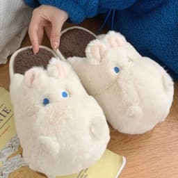 Winter Women Cute Home Plush Slippers Cartoon Hippo Warm Faux Fur Lining Fluffy Cozy Flat Non Slip Sole Ladies Shoes