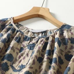 Blue Floral Printing Linen O-Neck Lantern Sleeve T-shirt Loose Women's Blouse Shirt Korean Fashion Female Clothing Tops 2024