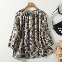 Blue Floral Printing Linen O-Neck Lantern Sleeve T-shirt Loose Women's Blouse Shirt Korean Fashion Female Clothing Tops 2024