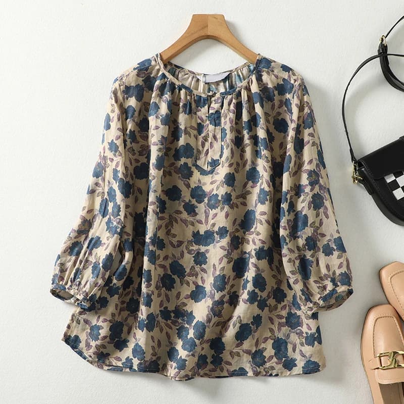 Blue Floral Printing Linen O-Neck Lantern Sleeve T-shirt Loose Women's Blouse Shirt Korean Fashion Female Clothing Tops 2024