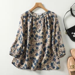 Blue Floral Printing Linen O-Neck Lantern Sleeve T-shirt Loose Women's Blouse Shirt Korean Fashion Female Clothing Tops 2024