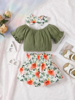 Summer round neck cute casual girl aged 0-2, Cotton Short Sleeved Headscarf, Printed Bow Shorts, Baby Wear