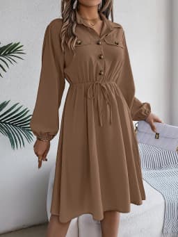 Autumn Winter Dresses for Women Casual Solid Color Button Tie Up Long Sleeved Shirt Dress Blue Green Black Red Woman Clothing