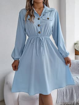 Autumn Winter Dresses for Women Casual Solid Color Button Tie Up Long Sleeved Shirt Dress Blue Green Black Red Woman Clothing