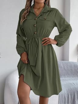 Autumn Winter Dresses for Women Casual Solid Color Button Tie Up Long Sleeved Shirt Dress Blue Green Black Red Woman Clothing