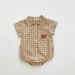 Baby Summer Clothes Boys Checked Bear Embroidered Shirt Collar Short-Sleeved Jumpsuit Children's Clothing