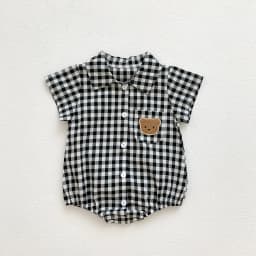 Baby Summer Clothes Boys Checked Bear Embroidered Shirt Collar Short-Sleeved Jumpsuit Children's Clothing