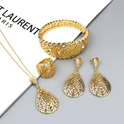 Sunspicems Gold Color Metal Arab Jewelry Set Hollow Bangle Earring Necklace Ring Wedding Bijoux Algeria Dubai Bridal Gifts
