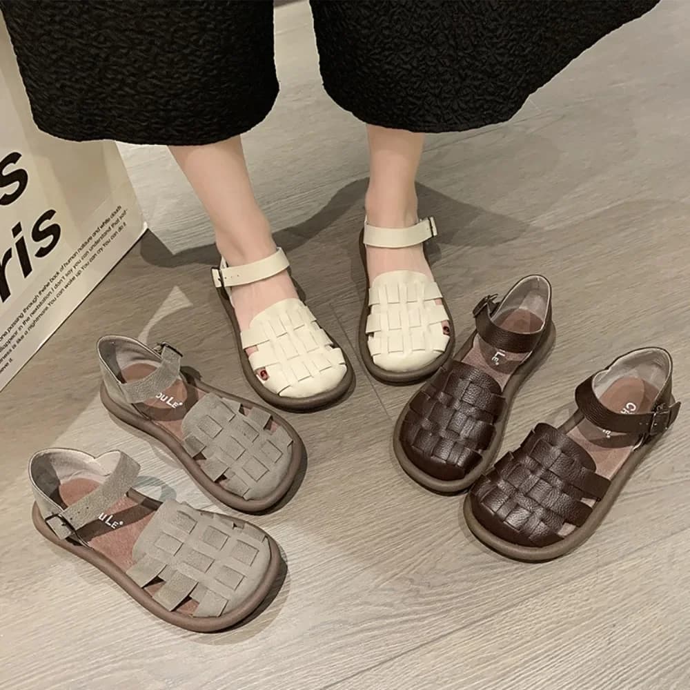 new Women's Summer Zapatillas De Mujer Shoes Square Toe Flat Sandals Leather Women Gladiator Sandals Slip on Ladies Beach Shoes