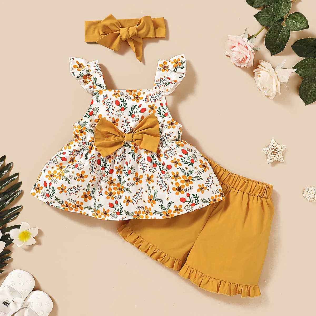 Toddler Baby Girl Clothing Baby Girl Clothes Floral Sling Top + Shorts 3Pcs Suit Sweet Kids Girl Fashion Outfit Set