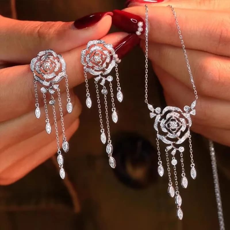Newly Designed Hollow Rose Flower Tassels Necklace Earring Elegant Women's Silver Color Jewelry Accessories Valentine's Day Gift