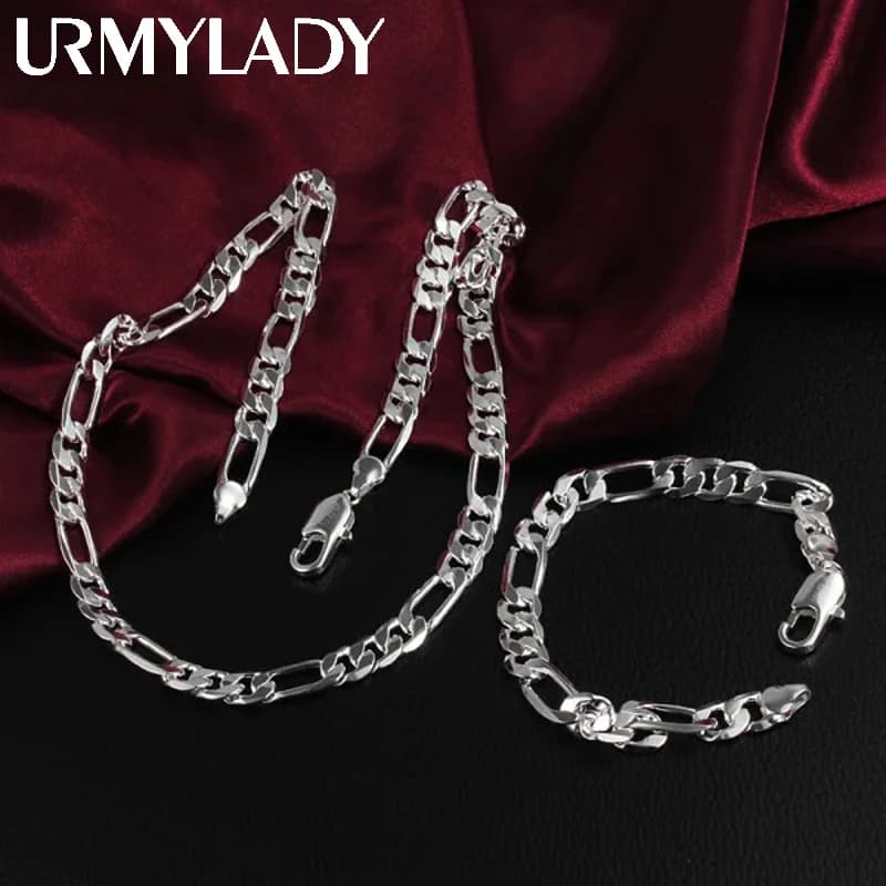 925 Sterling Silver Classic 8mm Geometric chain necklace bracelet Jewelry set for woman Men Party wedding fine fashion gifts