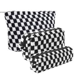 3PCS Checkered Makeup Bag,Travel Toiletry Bag Cute Makeup Brushes Bag Cosmetic Bags for Women Zipper Makeup Bags for Purse
