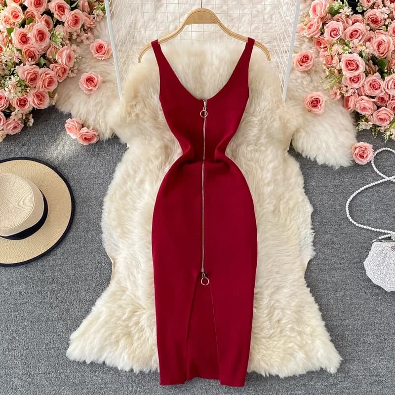 Zipple 2023 Sexy Summer Knit Strap Dress Women Tank Elatic Waist Bodycon Sundress Female Beach Split Backless Midi Dress