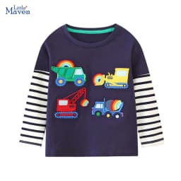 Little maven Baby Boys Blouses Long Sleeves Striped T-shirt Cotton Cartoon Excavator Tops for Kids Children's Clothing