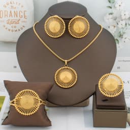 Luxury Gold Color Earrings Chain Hot Sale 45cm Necklace Bracelet Ring Dubai African Fashion Jewelry Set Party Anniversary Gift