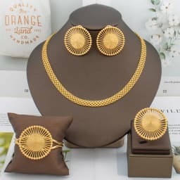 Luxury Gold Color Earrings Chain Hot Sale 45cm Necklace Bracelet Ring Dubai African Fashion Jewelry Set Party Anniversary Gift