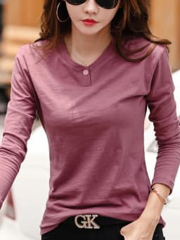 2026 Long Sleeve Spring Women Slub Cotton T Shirts Female Button Green V-Neck Solid Color T-shirt Coffee Korean Soft Loose Tops
