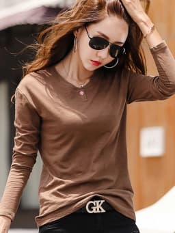 2026 Long Sleeve Spring Women Slub Cotton T Shirts Female Button Green V-Neck Solid Color T-shirt Coffee Korean Soft Loose Tops