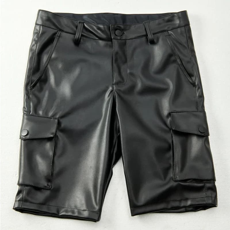 Men's Leather Cargo Shorts Stretch Fashion PU Leather Shorts Pockets