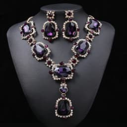 Royal Jewelry Set Wedding Statement Chunky Crystal Drop Earrings and Amethyst Purple Rhinestone Choker Necklace for Women