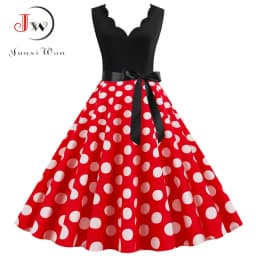 Polka Dot Print Women Summer Dress Black Patchwork Sleeveless V Neck Elegant Vintage Party Casual Midi Dress
