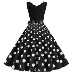 Polka Dot Print Women Summer Dress Black Patchwork Sleeveless V Neck Elegant Vintage Party Casual Midi Dress