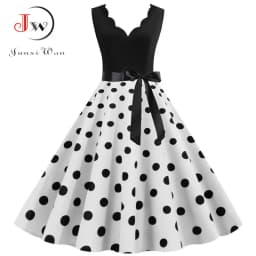 Polka Dot Print Women Summer Dress Black Patchwork Sleeveless V Neck Elegant Vintage Party Casual Midi Dress