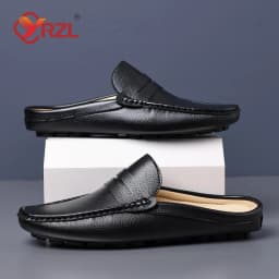 YRZL Loafers Summer Slip on Half Shoes for Men Leather Slippers Casual Breathable Comfy Loafers Moccasins Brown Black Beige