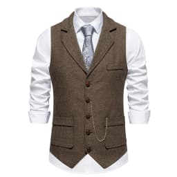 Men's Retro Lapel Chain Vest Fashion Herringbone Coarse Tweed Pockets Suit Vest British Casual Vintage Gentleman Leisure Party