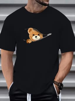 100% Cotton Men's Summer Loose Fitting Casual Stylish Bear Pattern Print Round Neck Short Sleeved T-Shirt Top