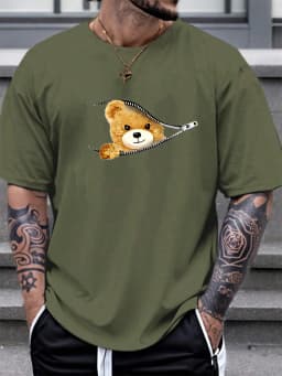 100% Cotton Men's Summer Loose Fitting Casual Stylish Bear Pattern Print Round Neck Short Sleeved T-Shirt Top