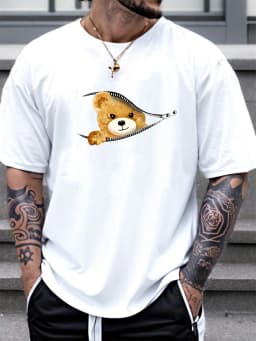 100% Cotton Men's Summer Loose Fitting Casual Stylish Bear Pattern Print Round Neck Short Sleeved T-Shirt Top