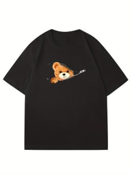 100% Cotton Men's Summer Loose Fitting Casual Stylish Bear Pattern Print Round Neck Short Sleeved T-Shirt Top