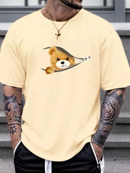100% Cotton Men's Summer Loose Fitting Casual Stylish Bear Pattern Print Round Neck Short Sleeved T-Shirt Top
