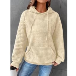Women's Hooded Sweatshirt Spring and Autumn Style Waffle Fashion Beautiful Solid Color Hooded Drawstring Loose Sweatshirt