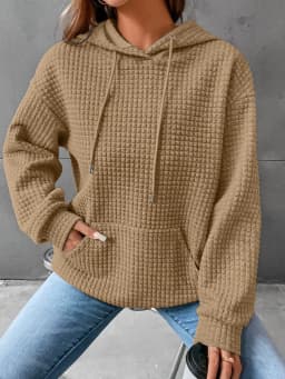 Women's Hooded Sweatshirt Spring and Autumn Style Waffle Fashion Beautiful Solid Color Hooded Drawstring Loose Sweatshirt