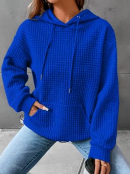Women's Hooded Sweatshirt Spring and Autumn Style Waffle Fashion Beautiful Solid Color Hooded Drawstring Loose Sweatshirt