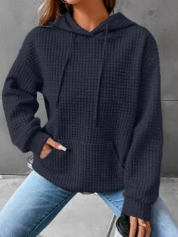 Women's Hooded Sweatshirt Spring and Autumn Style Waffle Fashion Beautiful Solid Color Hooded Drawstring Loose Sweatshirt