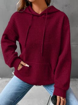Women's Hooded Sweatshirt Spring and Autumn Style Waffle Fashion Beautiful Solid Color Hooded Drawstring Loose Sweatshirt