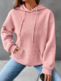 Women's Hooded Sweatshirt Spring and Autumn Style Waffle Fashion Beautiful Solid Color Hooded Drawstring Loose Sweatshirt