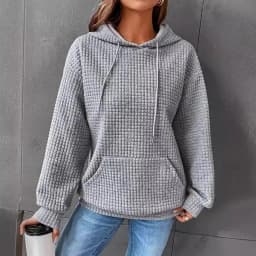 Women's Hooded Sweatshirt Spring and Autumn Style Waffle Fashion Beautiful Solid Color Hooded Drawstring Loose Sweatshirt