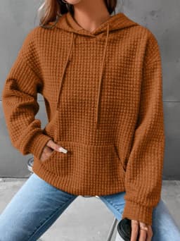 Women's Hooded Sweatshirt Spring and Autumn Style Waffle Fashion Beautiful Solid Color Hooded Drawstring Loose Sweatshirt