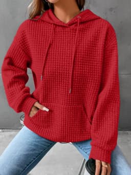 Women's Hooded Sweatshirt Spring and Autumn Style Waffle Fashion Beautiful Solid Color Hooded Drawstring Loose Sweatshirt