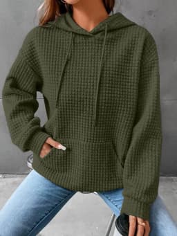 Women's Hooded Sweatshirt Spring and Autumn Style Waffle Fashion Beautiful Solid Color Hooded Drawstring Loose Sweatshirt