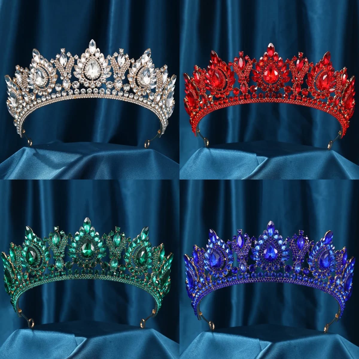 Baroque Luxury Girls Red Green Blue Crystal Bridal Wedding Tiara Crown Bride Queen Headbands Hair Jewelry Accessories