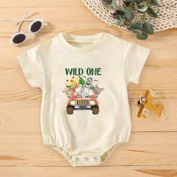 Wild One Animal Printed Short Sleeve Bubble Romper Newborn Oversized Jumpsuit Infant Birthday Party Clothes Baby Shower Bodysuit