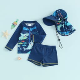 3Pcs Toddler Boys Rash Guard Swimsuits Cute Fish Print Long Sleeve Zip Up Bathing Suit Swimwear Beachwear Summer Clothes