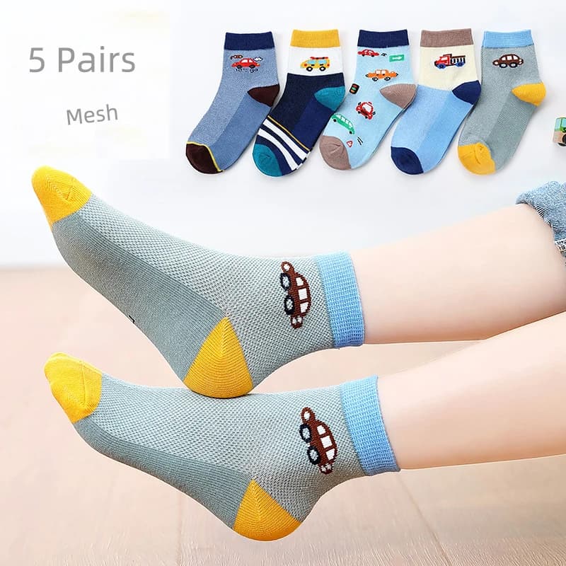 5Pairs/Lot Children's Car Socks Pure Cotton Spring And Summer Thin Boys' Mesh Breathable Sports Socks 3-15Years