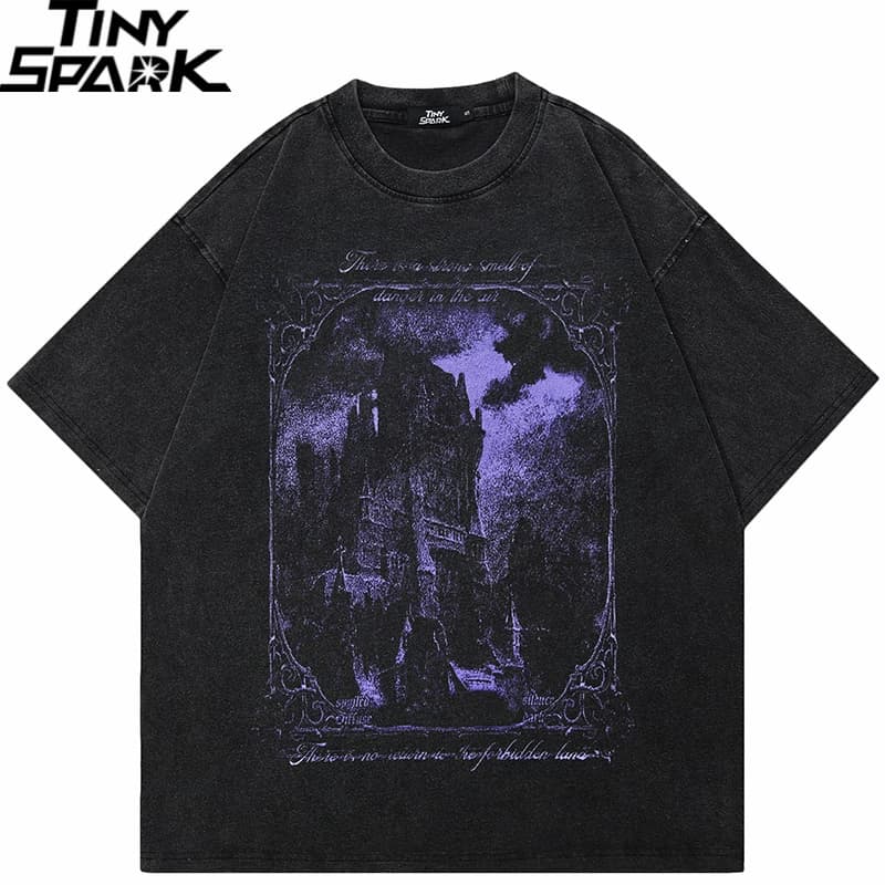 Hip Hop Washed Black T-Shirt Streetwear Vintage Purple Graphic Horror Castle T Shirt Cotton Tshirt Men Tops Tees Unisex Y2K